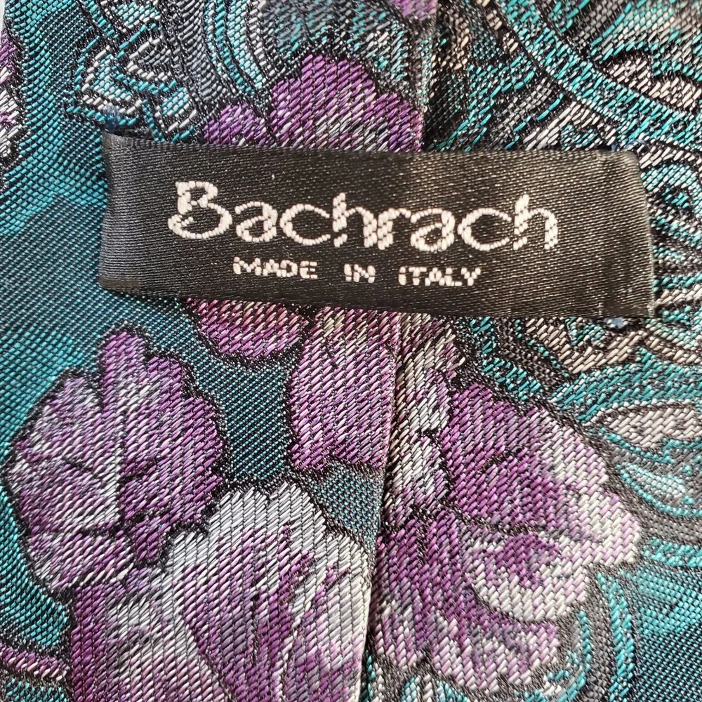 Bachrach Mens Silk Tie Purple Teal Floral Paisley Made in Italy 3.5 Inch Width